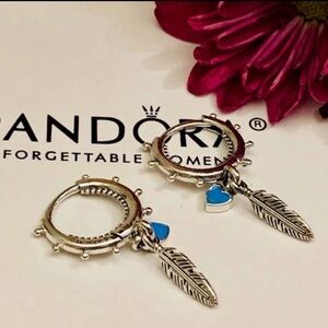 Pandora Silver earrings with Blue Heart and Feather Charms